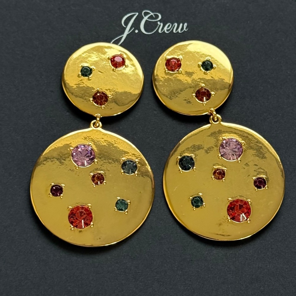J. CREW Earrings Jewel Tone Glass Stones Post Gold Statement Preppy